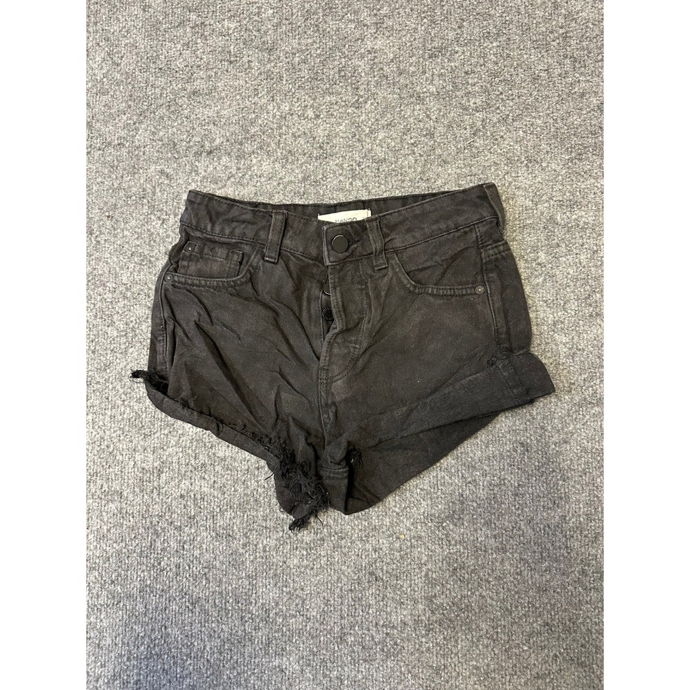 Mango Shorts Womens Size 2 Black Denim Mom Fit High Waisted Raw Hem Casual